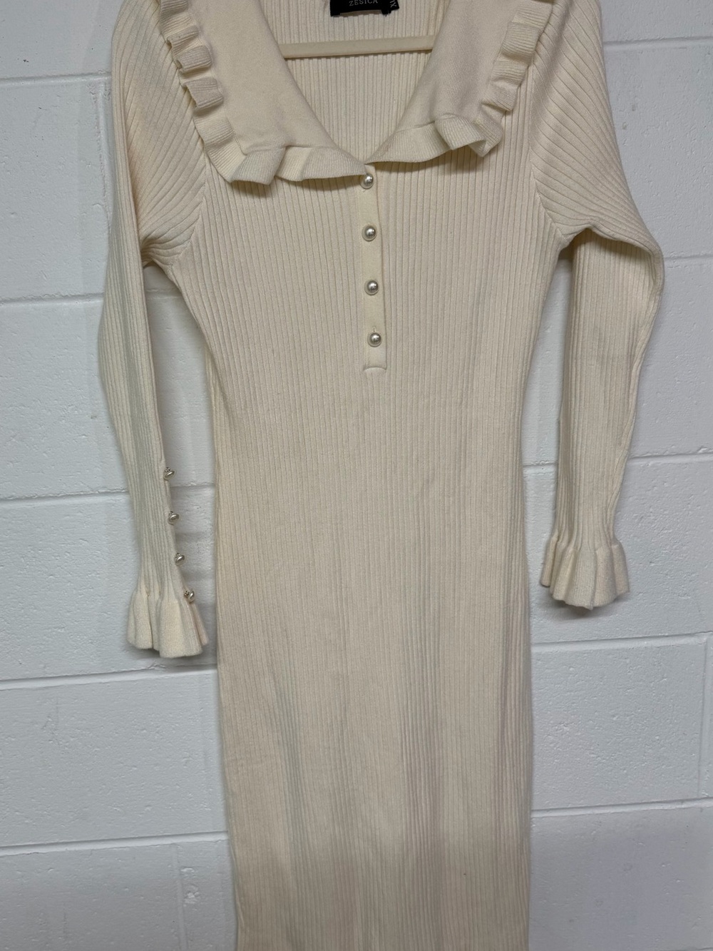 Ribbed Long-Sleeve Knit Dress with Pearl Buttons